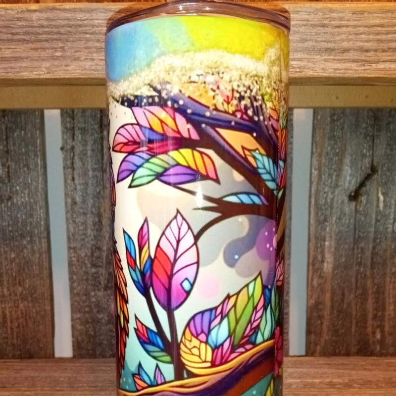 Rainbow Flower Owl 20oz Skinny Tumbler – Perfect for Your Favorite Drinks!