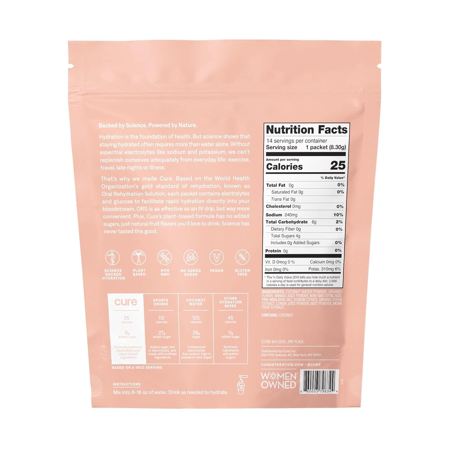 Cure Hydrating Plant-Based Electrolyte Powder for Dehydration Relief - Coconut Water Infused, Sugar-Free, Vegan & Paleo Friendly, 14 Packets - Grapefruit Flavor