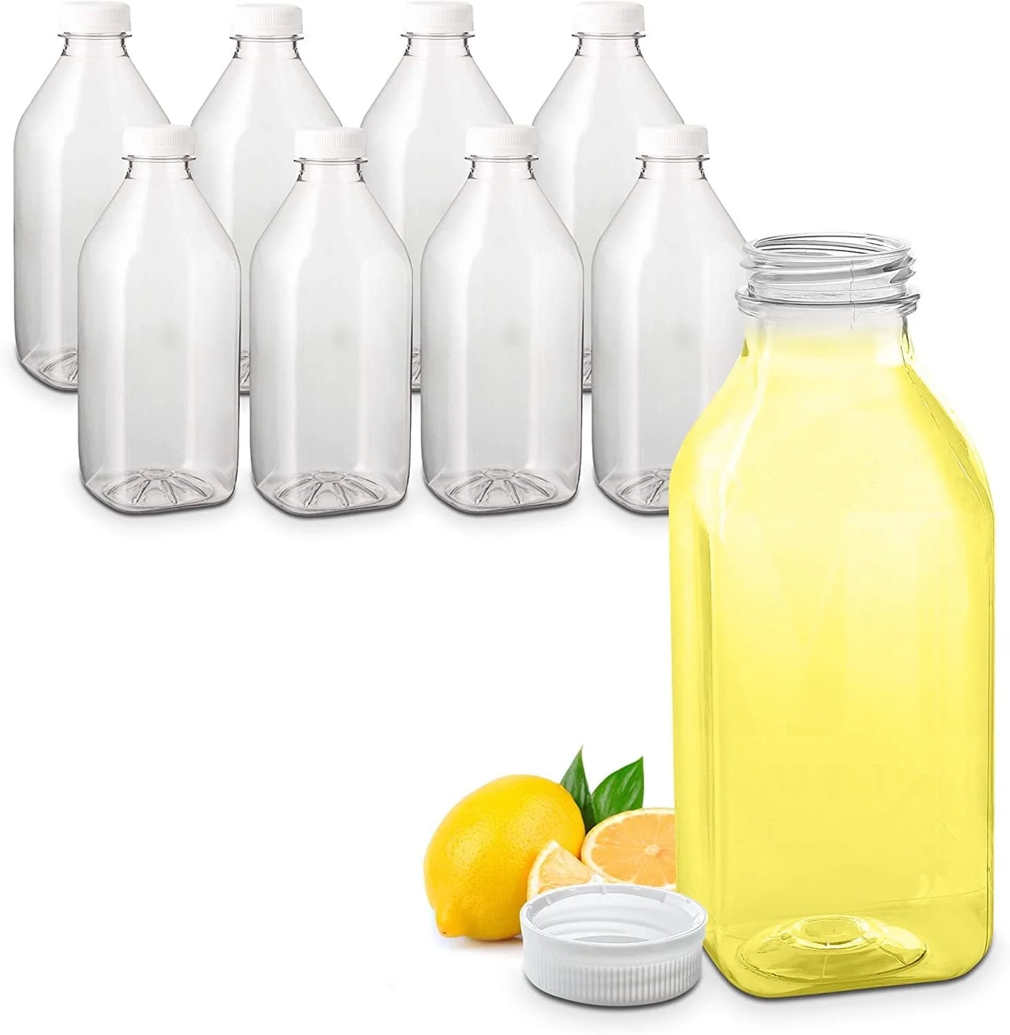 MT Products Clear Plastic Juice Bottle with Caps 32 Oz, Disposable Drink Bottle - Pack of 8