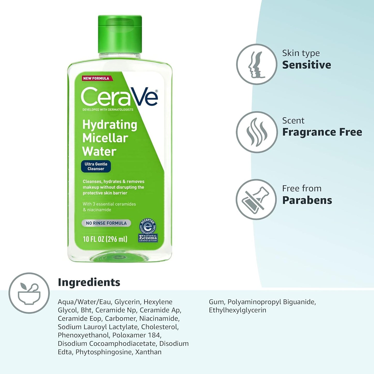 Cerave Micellar Water, New & Improved Formula, Hydrating Facial Cleanser & Eye Makeup Remover, Fragrance Free & Non-Irritating, 10 Fl. Oz