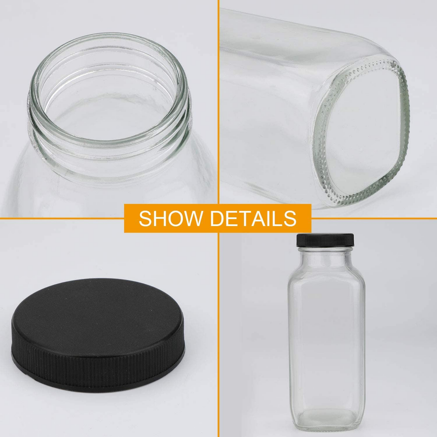 Vintage Water Bottles, Square Bottle 16oz,with Lids (20 Pack)