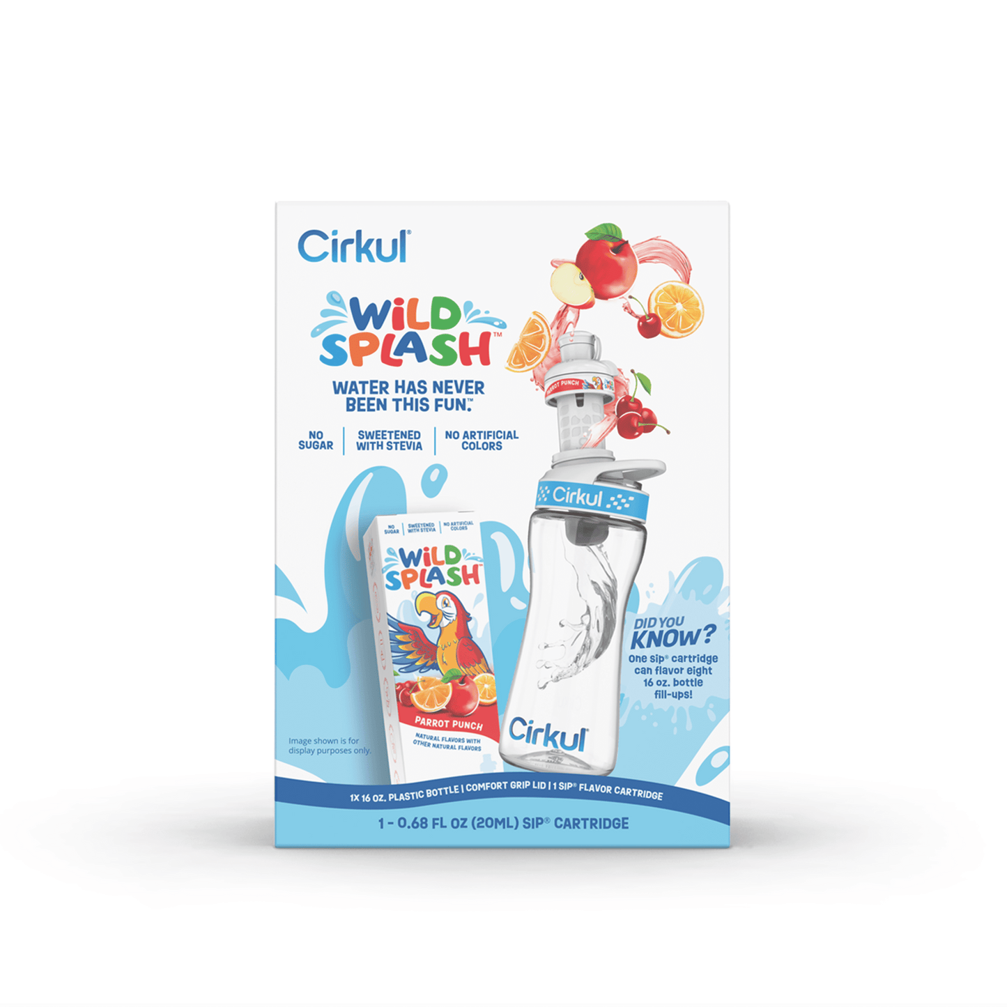 16 oz Plastic Water Bottle Starter Kit with Blue Lid and Wild Splash Parrot Punch Flavor Cartridge
