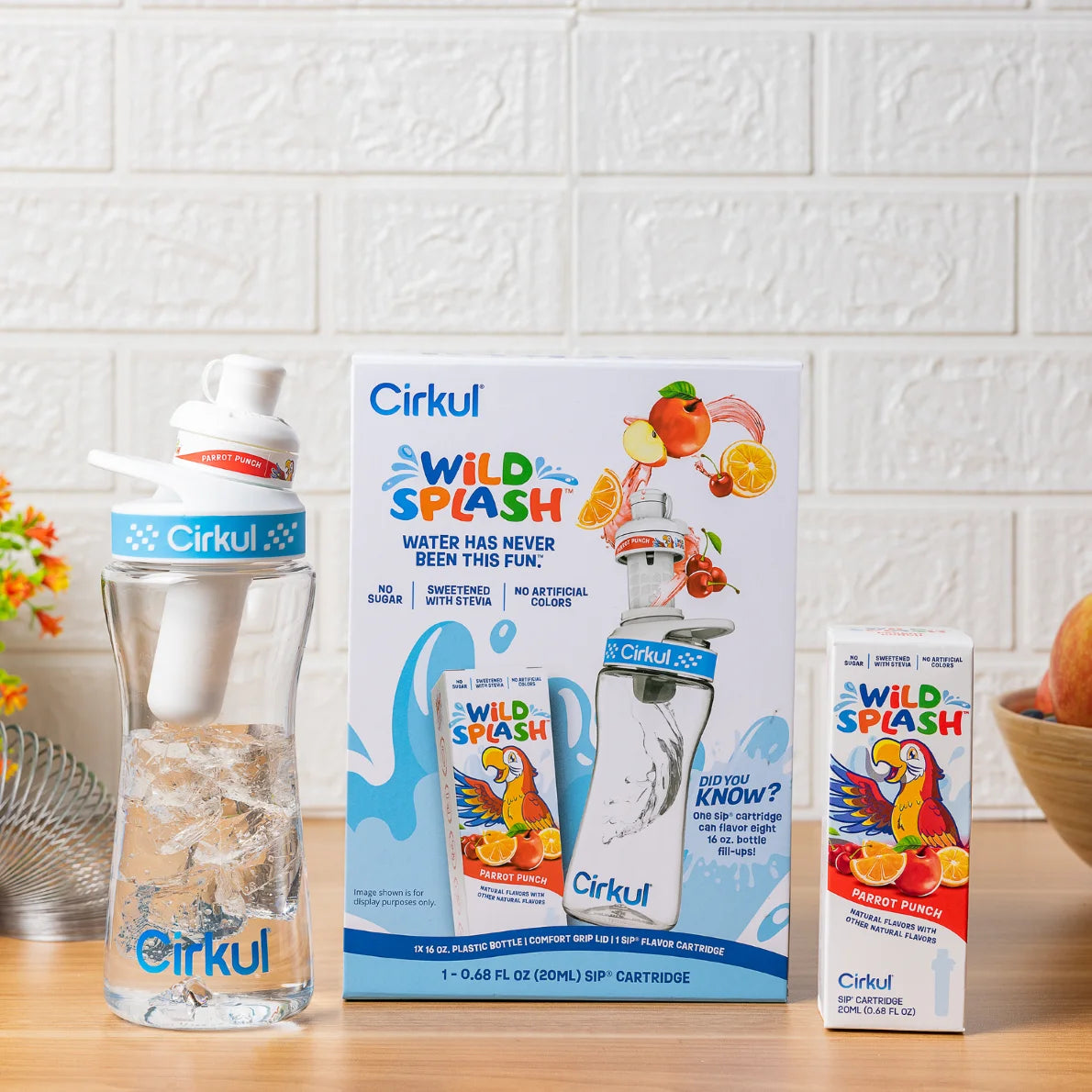 16 oz Plastic Water Bottle Starter Kit with Blue Lid and Wild Splash Parrot Punch Flavor Cartridge