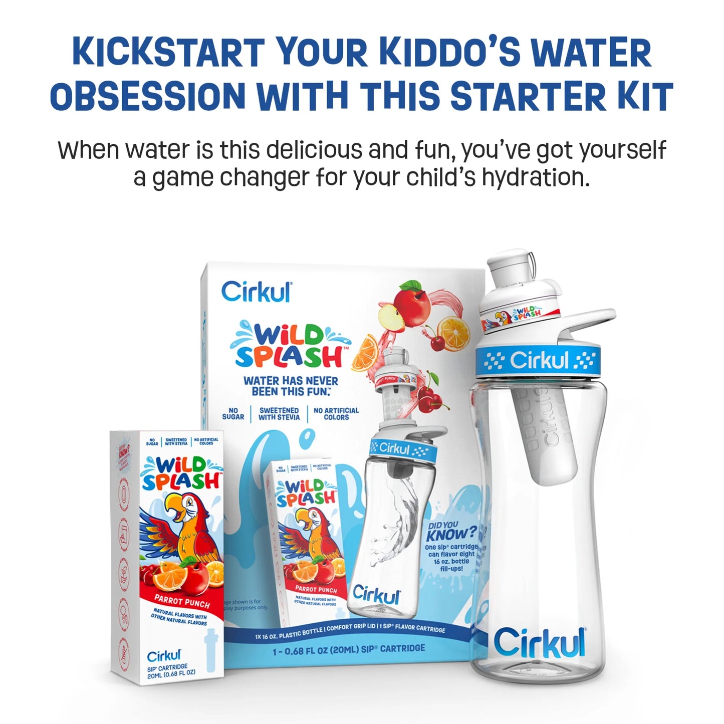 16 oz Plastic Water Bottle Starter Kit with Blue Lid and Wild Splash Parrot Punch Flavor Cartridge