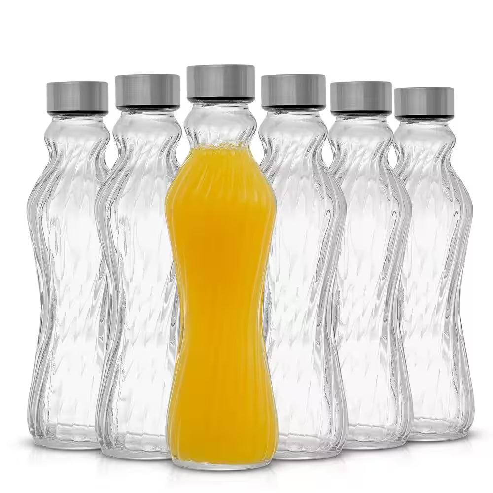 Spring 16 Oz. Clear Glass Fluted Water Bottles with Stainless Steel Cap (Set of 6)