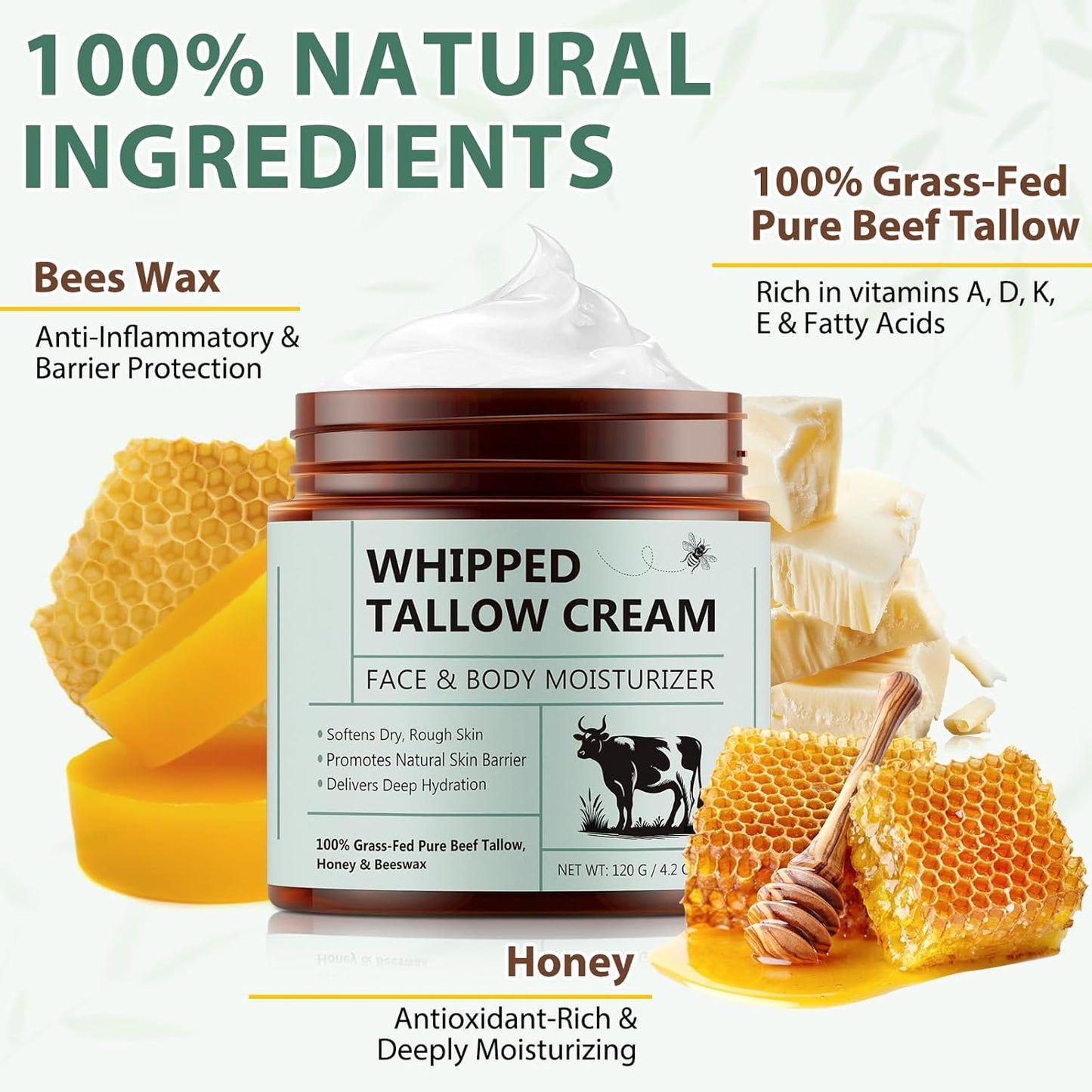 Beef Tallow for Skin - 100% Organic Beef Tallow - Whipped Beef Tallow with Honey - Organic Grass Fed Whipped Beef Tallow Face Cream for Soft, Smooth Skin - Handmade All-Natural Moisturizer