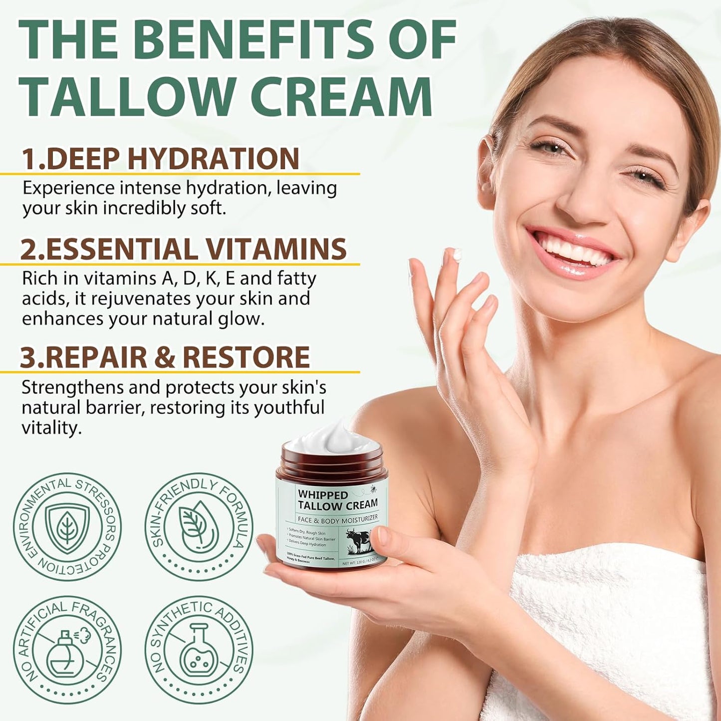 Beef Tallow for Skin - 100% Organic Beef Tallow - Whipped Beef Tallow with Honey - Organic Grass Fed Whipped Beef Tallow Face Cream for Soft, Smooth Skin - Handmade All-Natural Moisturizer