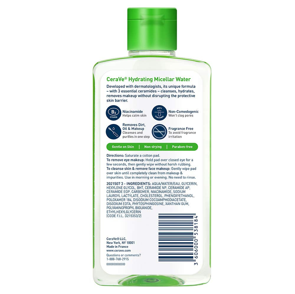 Cerave Micellar Water, New & Improved Formula, Hydrating Facial Cleanser & Eye Makeup Remover, Fragrance Free & Non-Irritating, 10 Fl. Oz