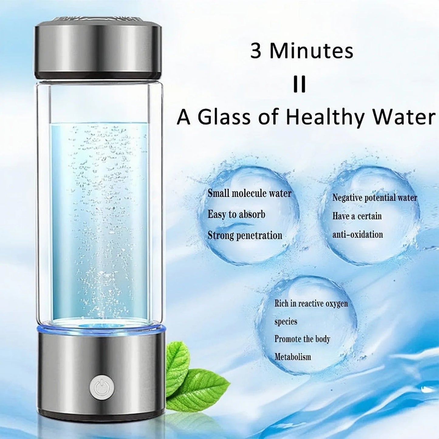 Portable Hydrogen Water Ionizer - Rechargeable Hydrogen Water Generator for Home and Travel - Silver