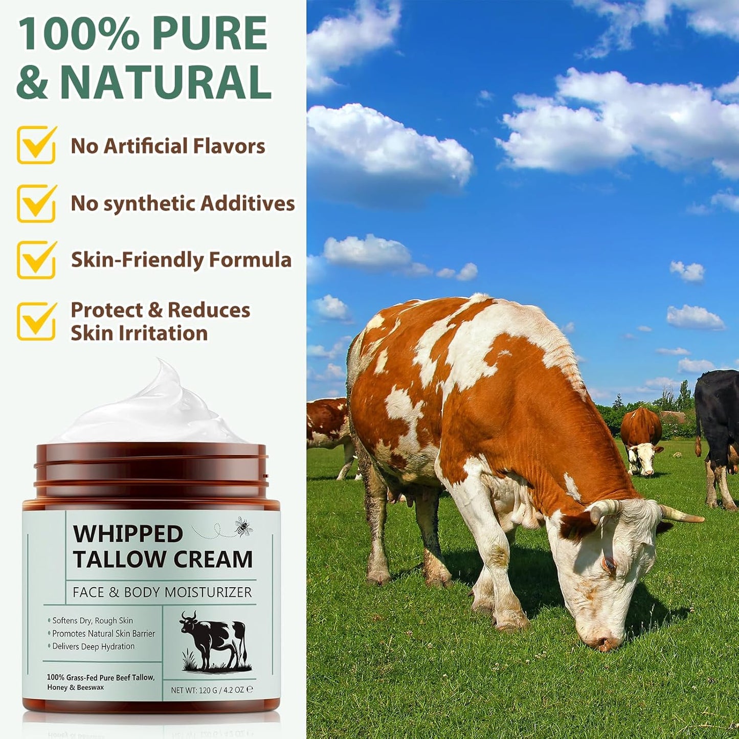 Beef Tallow for Skin - 100% Organic Beef Tallow - Whipped Beef Tallow with Honey - Organic Grass Fed Whipped Beef Tallow Face Cream for Soft, Smooth Skin - Handmade All-Natural Moisturizer