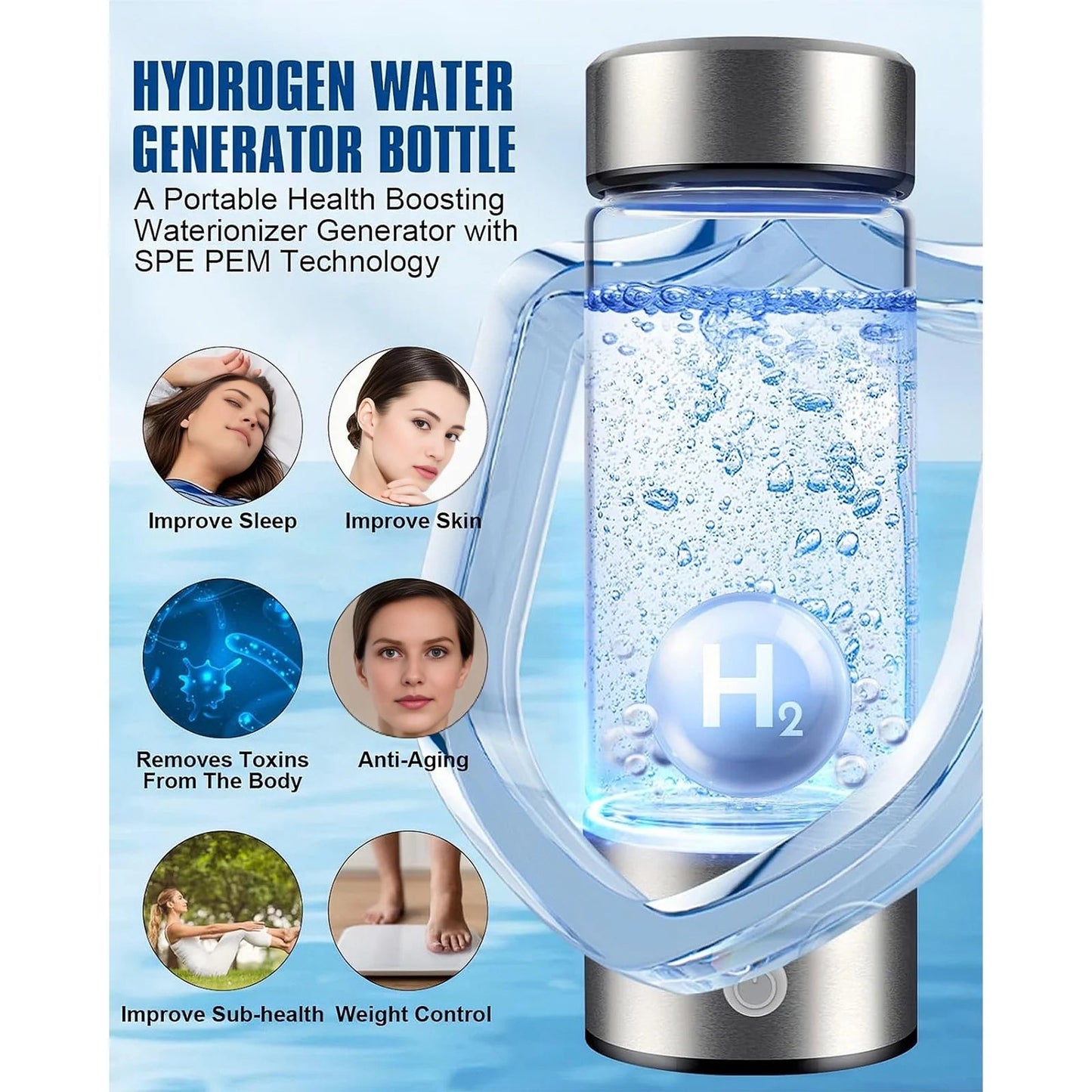 Portable Hydrogen Water Ionizer - Rechargeable Hydrogen Water Generator for Home and Travel - Silver