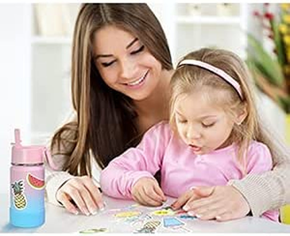 CHILLOUT LIFE 12 Oz Kids Insulated Water Bottle for School with Straw Lid Leakproof and Cute Waterproof Stickers, Personalized Stainless Steel Thermos Flask Metal Water Bottle for Girls & Boys