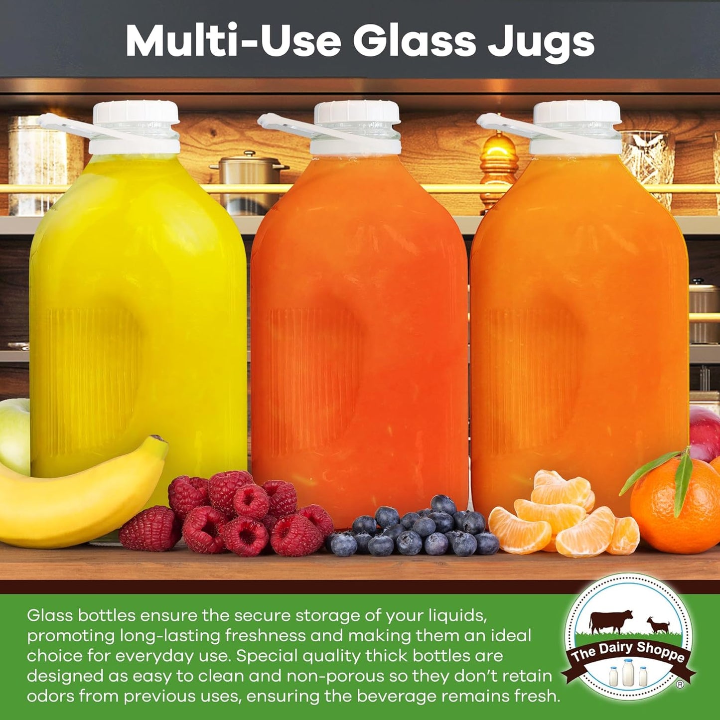 The Dairy Shoppe Heavy Glass Milk Bottles - Jugs with Lids, Silicone Pour Spouts - Clear Milk Containers for Fridge - Reusable Glass Milk Jug Dispenser - Made in USA (64 Oz, 4 Pack)