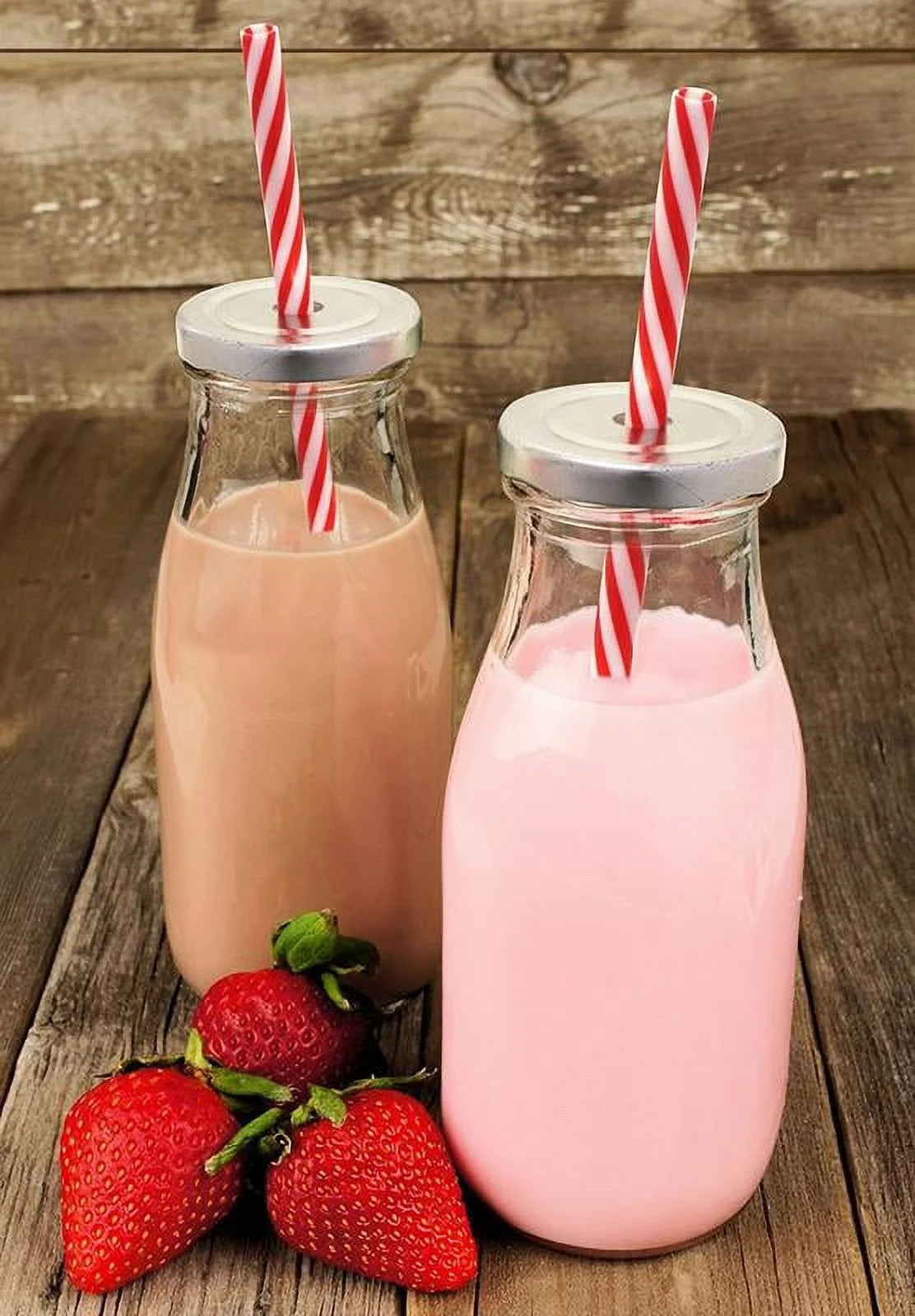 Estilo Dairy Reusable Glass Milk Clear Bottles with Straws and Metal Screw on Lids, 10.5 Oz, Set of 6,