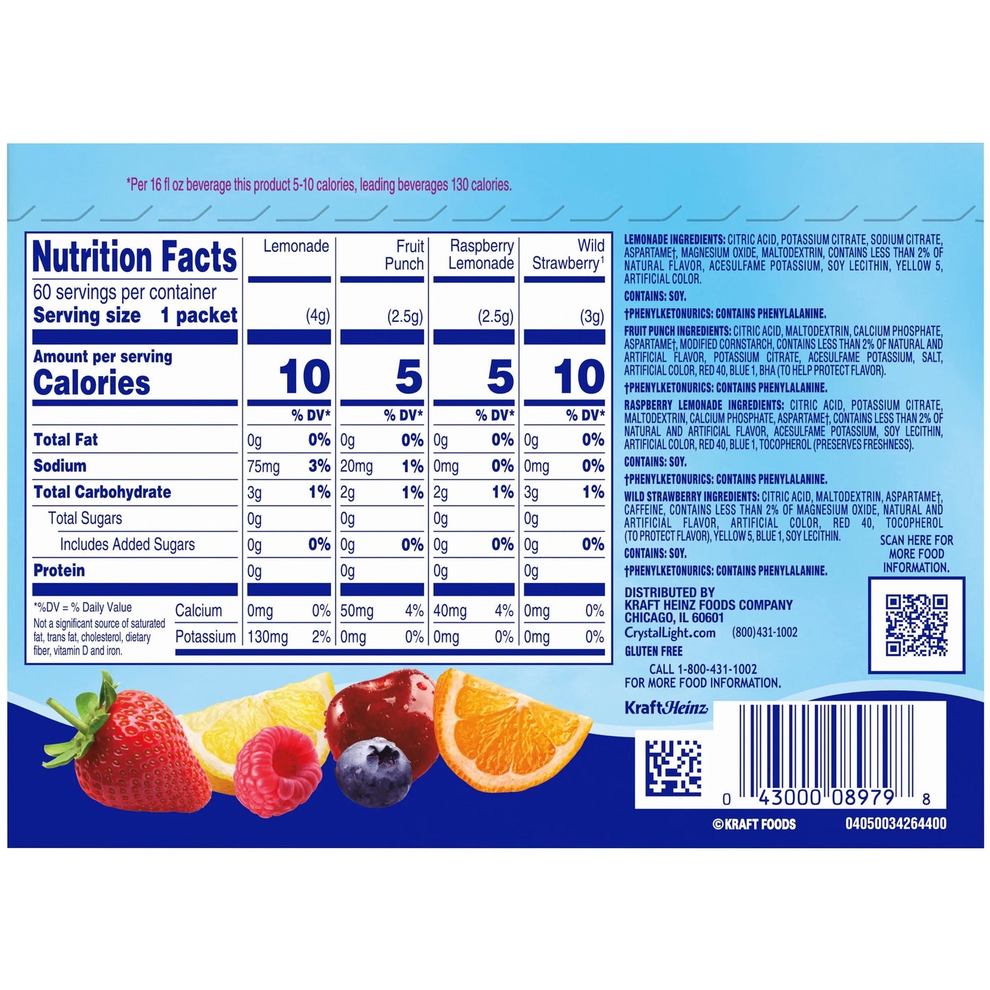 Variety Pack of Powdered Drink Mixes: Lemonade, Fruit Punch, Raspberry Lemonade, and Wild Strawberry - 60 On-the-Go Packets