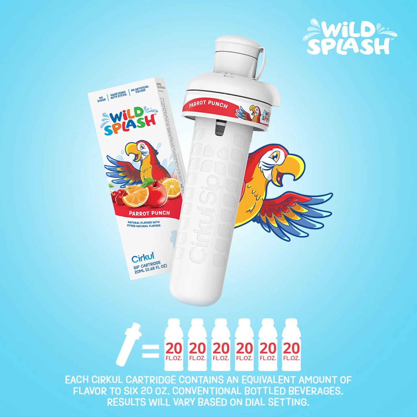 16 oz Plastic Water Bottle Starter Kit with Blue Lid and Wild Splash Parrot Punch Flavor Cartridge