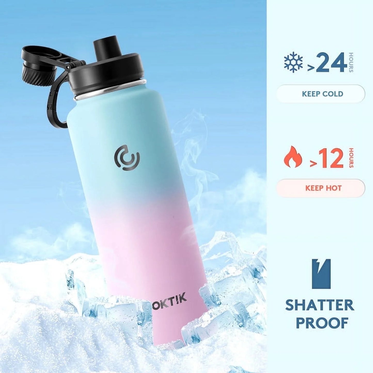 Insulated Stainless Steel Water Bottle with 3 Leak-Proof Lids,40 oz