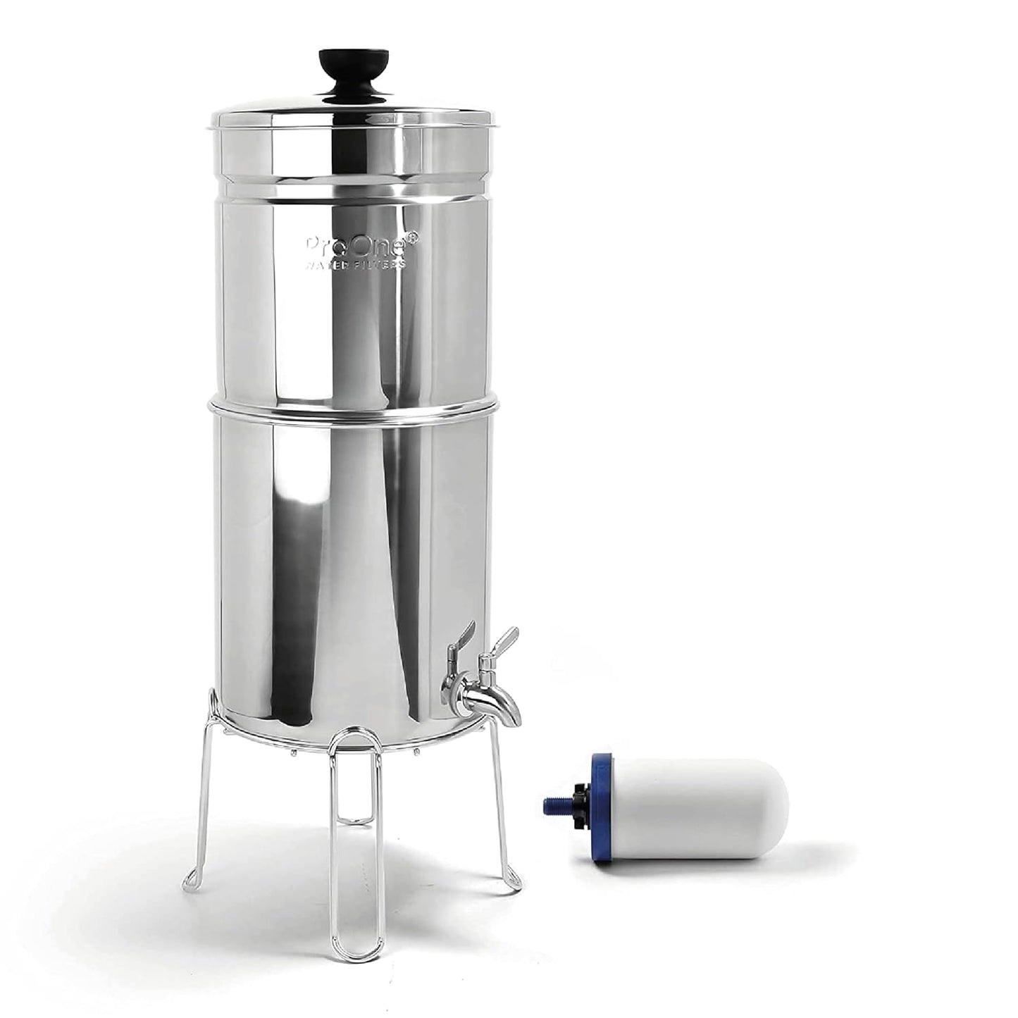 Proone Traveler+ Stainless-Steel Gravity Filter System, 2.25-Gallon Water Capacity, Countertop Water Dispenser for Home & Travel with One 5” Filter & Wire Stand, Independently Tested Proven to Reduce