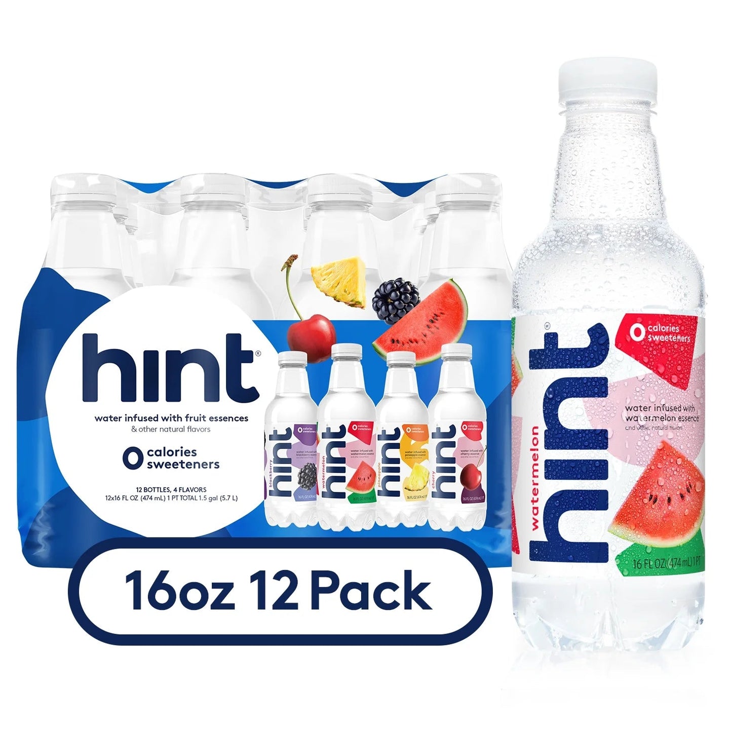 Variety Pack of Flavored Water: Pineapple, Watermelon, Blackberry, and Cherry, 16 Fl Oz, 12 Count