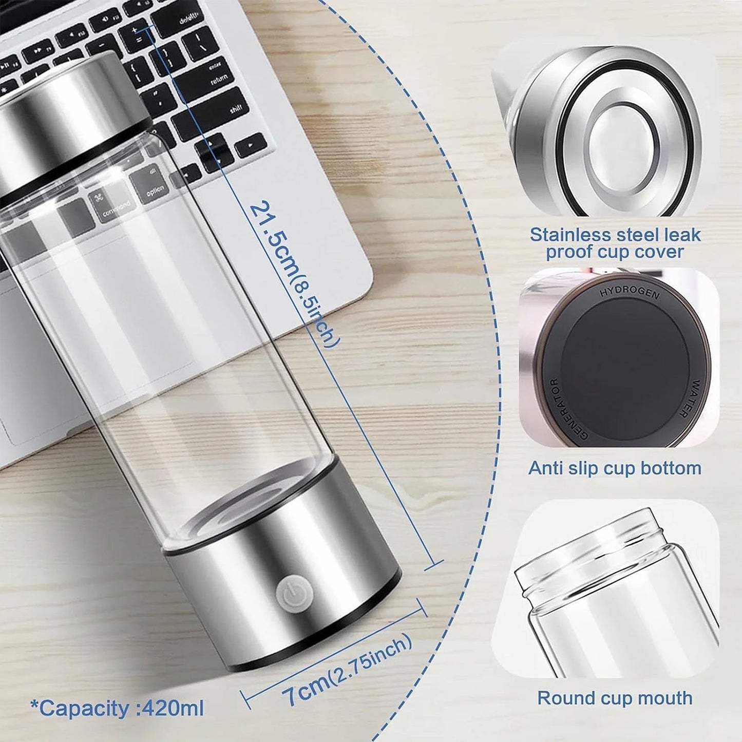 Portable Hydrogen Water Ionizer - Rechargeable Hydrogen Water Generator for Home and Travel - Silver