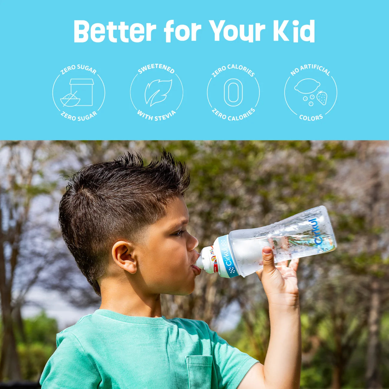 16 oz Plastic Water Bottle Starter Kit with Blue Lid and Wild Splash Parrot Punch Flavor Cartridge