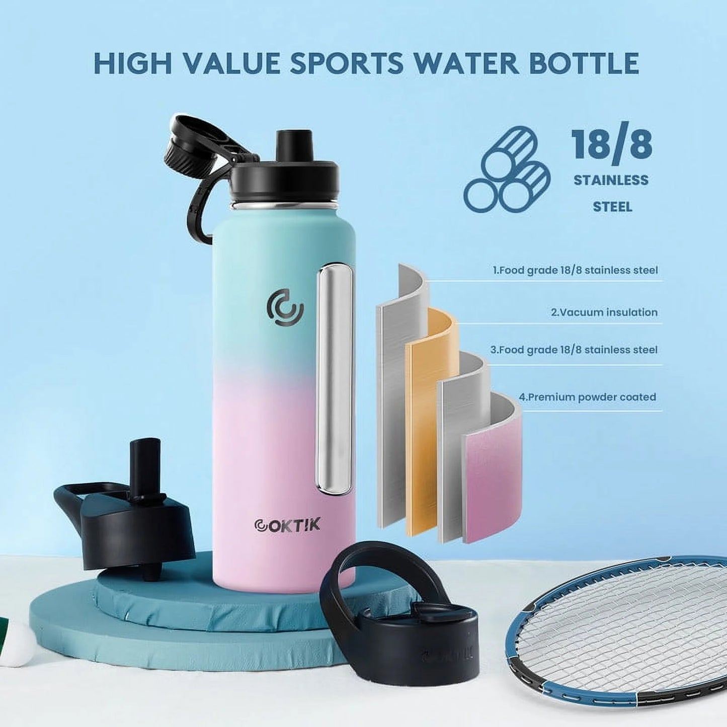 Insulated Stainless Steel Water Bottle with 3 Leak-Proof Lids,40 oz