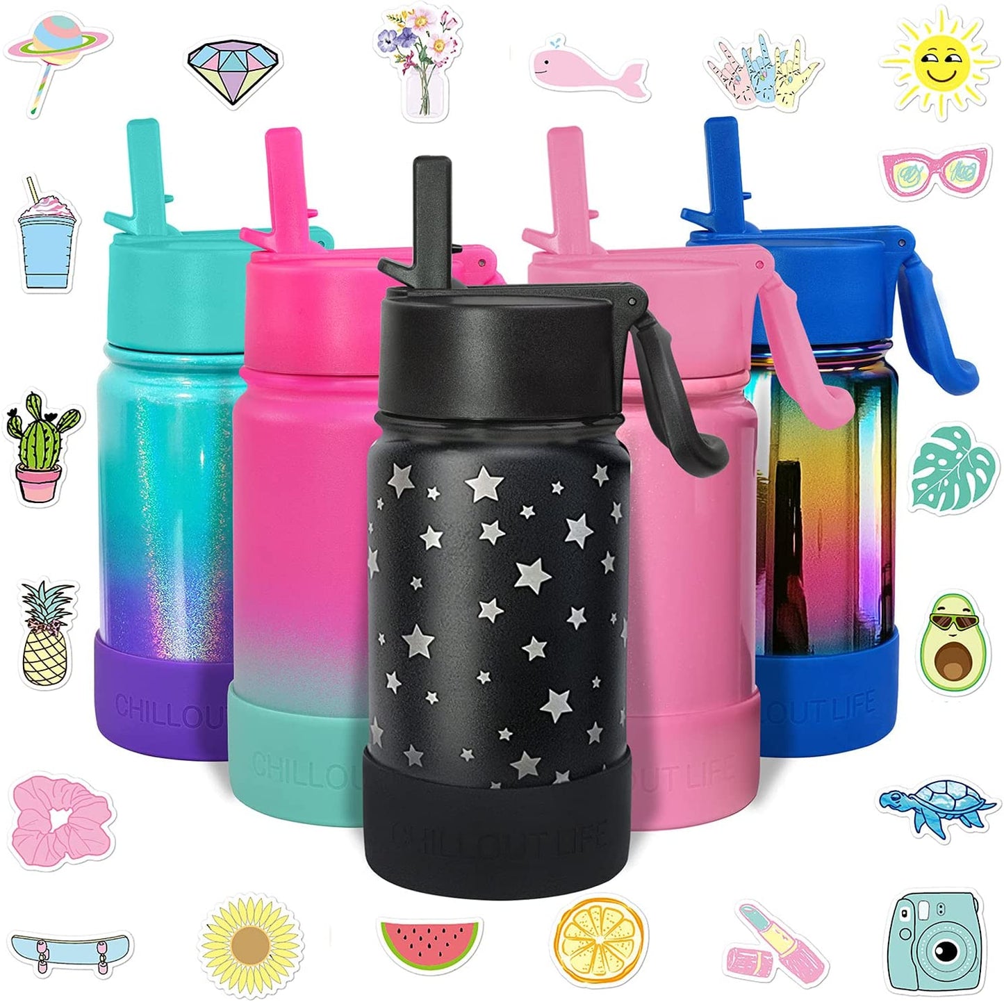 CHILLOUT LIFE 12 Oz Kids Insulated Water Bottle for School with Straw Lid Leakproof and Cute Waterproof Stickers, Personalized Stainless Steel Thermos Flask Metal Water Bottle for Girls & Boys