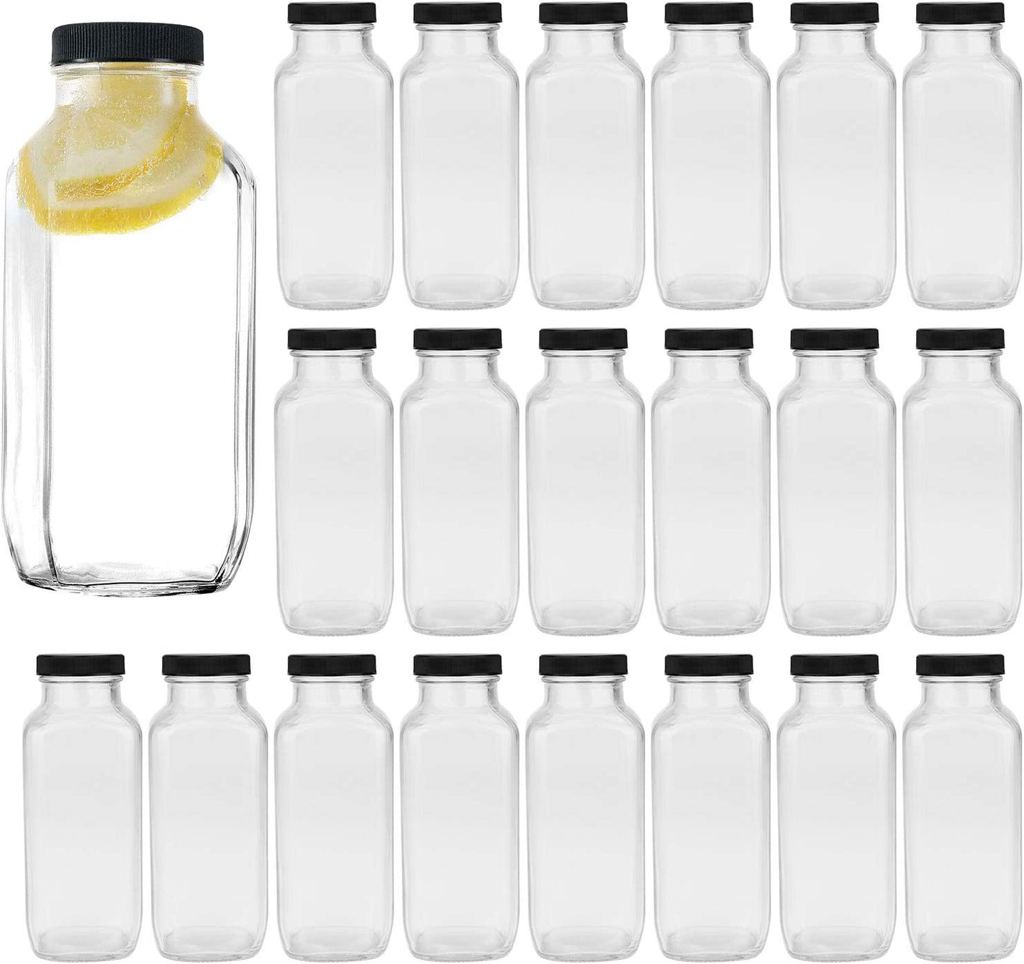 Vintage Water Bottles, Square Bottle 16oz,with Lids (20 Pack)