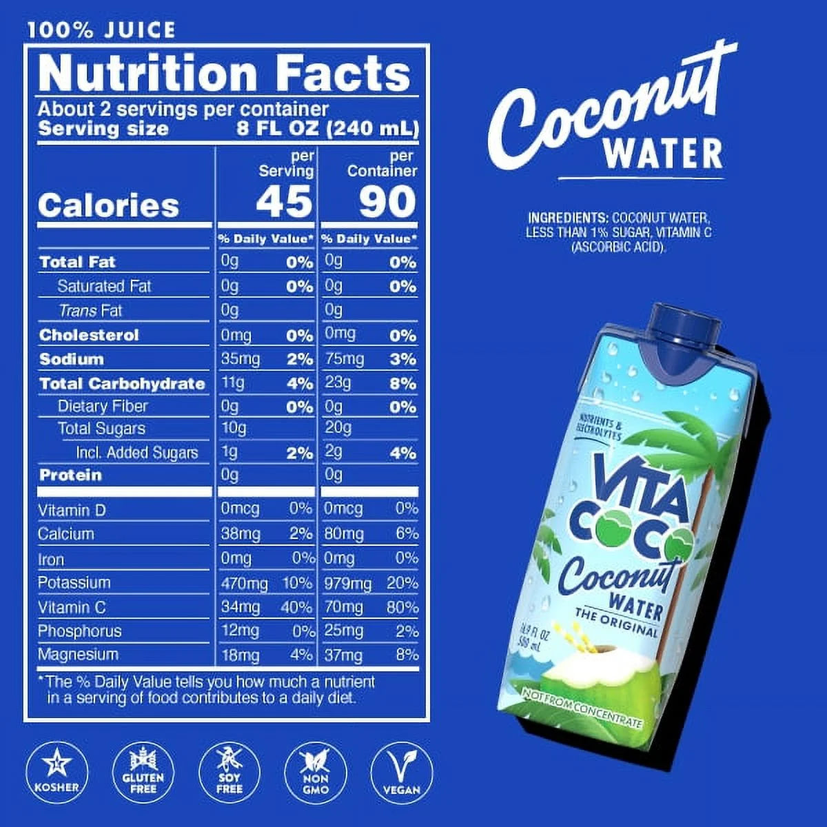 Vita Coco the Original Coconut Water, Nutrients & Electrolytes Rich, Pure, 16.9 Fl Oz Tetra, 4-Pack