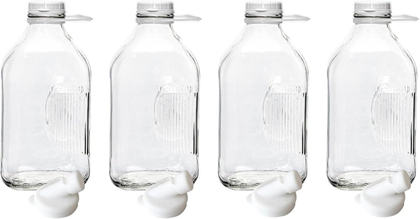 The Dairy Shoppe Heavy Glass Milk Bottles - Jugs with Lids, Silicone Pour Spouts - Clear Milk Containers for Fridge - Reusable Glass Milk Jug Dispenser - Made in USA (64 Oz, 4 Pack)