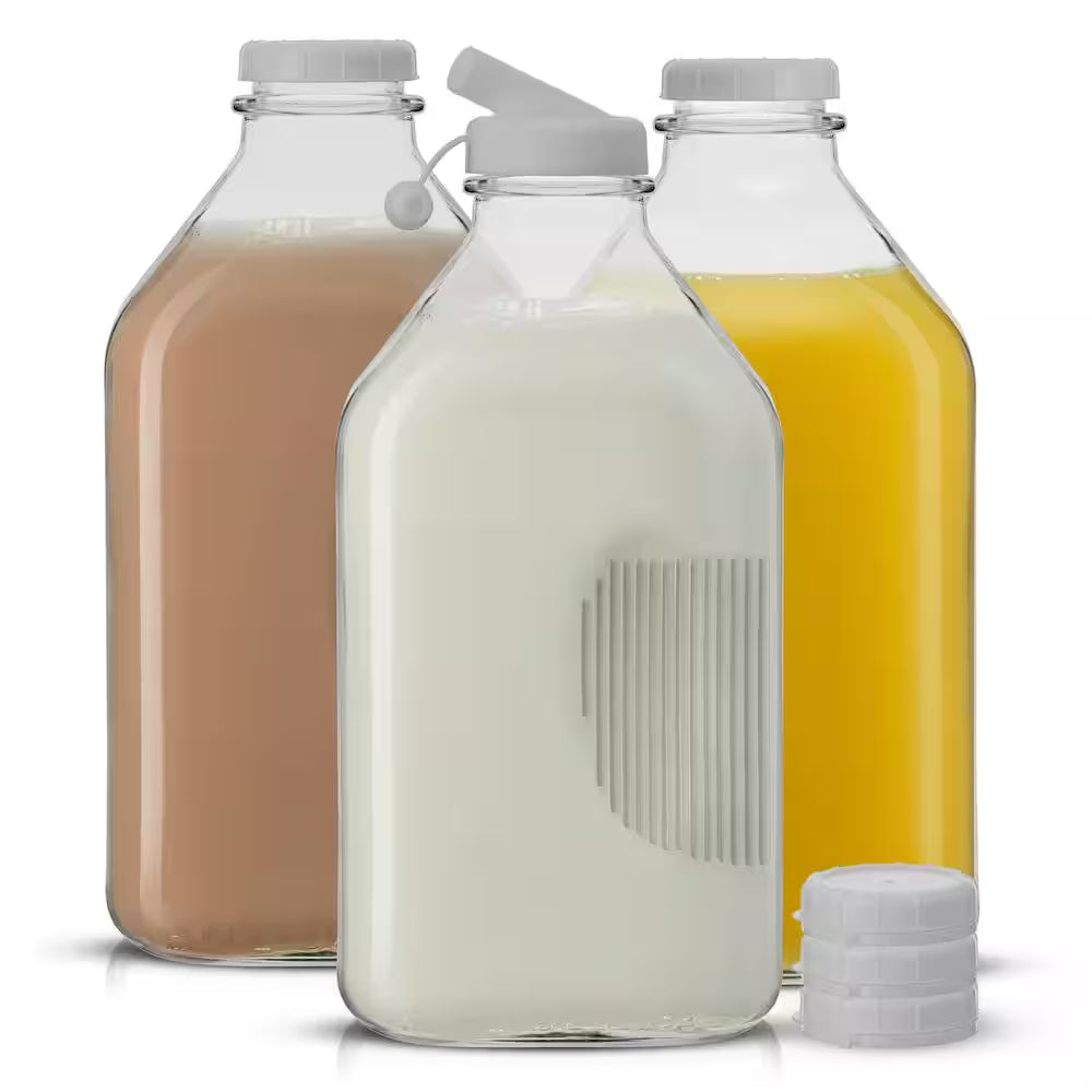 Reusable Glass 64 Oz. Clear Milk Bottle with Lid and Pourer (3-Pack)