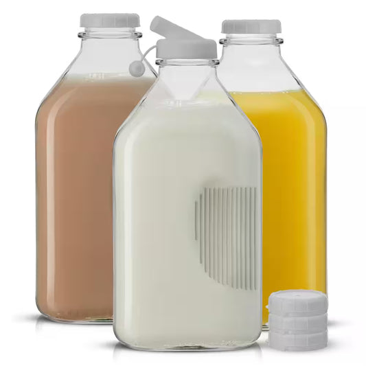 Reusable Glass 64 Oz. Clear Milk Bottle with Lid and Pourer (3-Pack)