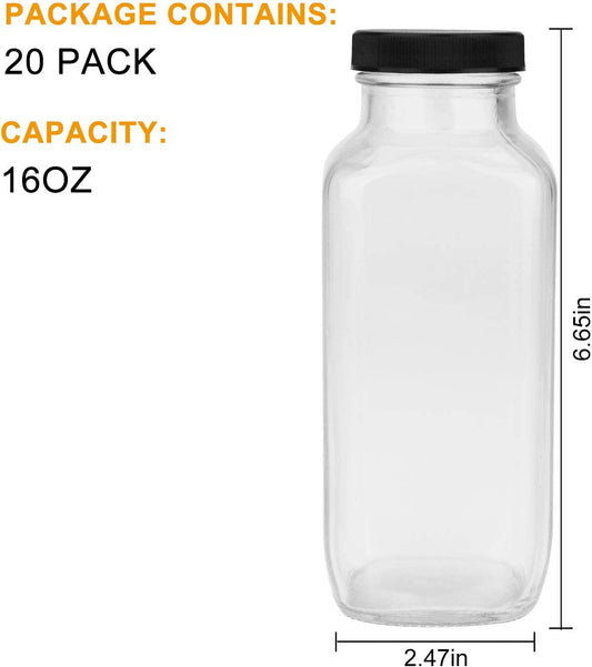 Vintage Water Bottles, Square Bottle 16oz,with Lids (20 Pack)
