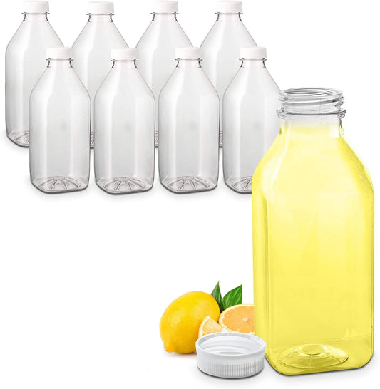 MT Products Clear Plastic Juice Bottle with Caps 32 Oz, Disposable Drink Bottle - Pack of 8