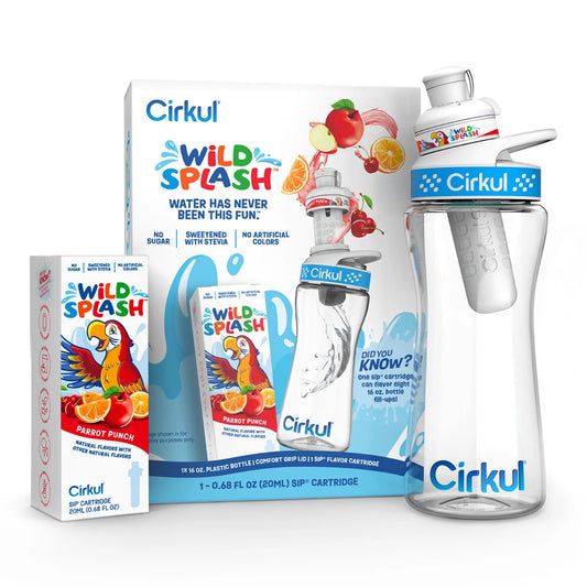 16 oz Plastic Water Bottle Starter Kit with Blue Lid and Wild Splash Parrot Punch Flavor Cartridge