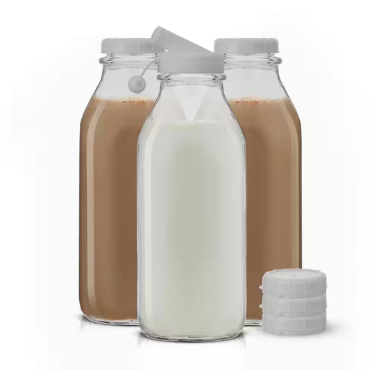 Reusable Glass 32 Oz. Clear Milk Bottle with Lid and Pourer (3-Pack)