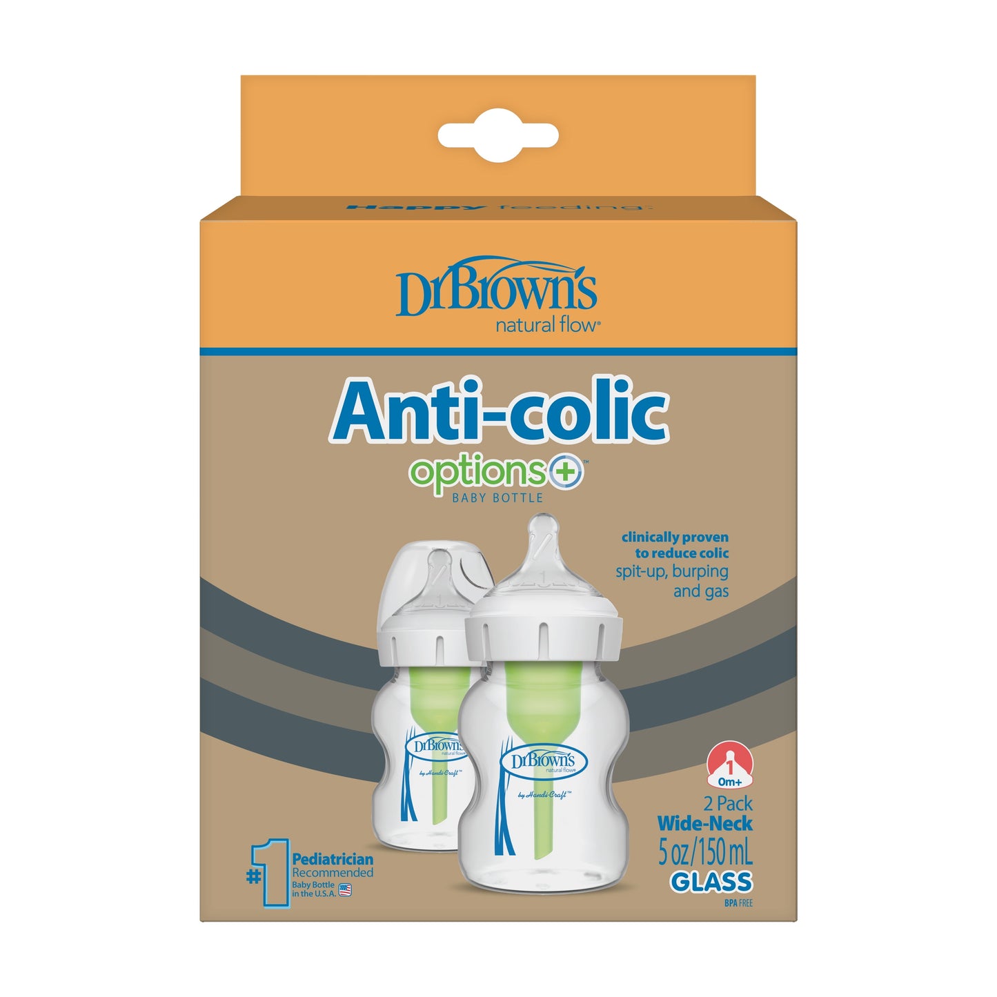 Dr. Brown'S Natural Flow Anti-Colic Options+ Wide-Neck Glass Baby Bottle, 5Oz/150Ml, Slow Flow, 0M+, 2 Pack