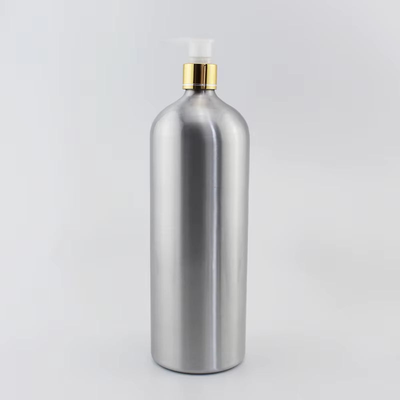 1Pc 1000ML Empty Aluminum Bottles with Gold Lotion Cream Pump 1L Metal Oil Cosmetics Container Silver Liquid Soap Dispenser