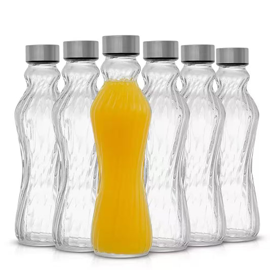Spring 16 Oz. Clear Glass Fluted Water Bottles with Stainless Steel Cap (Set of 6)