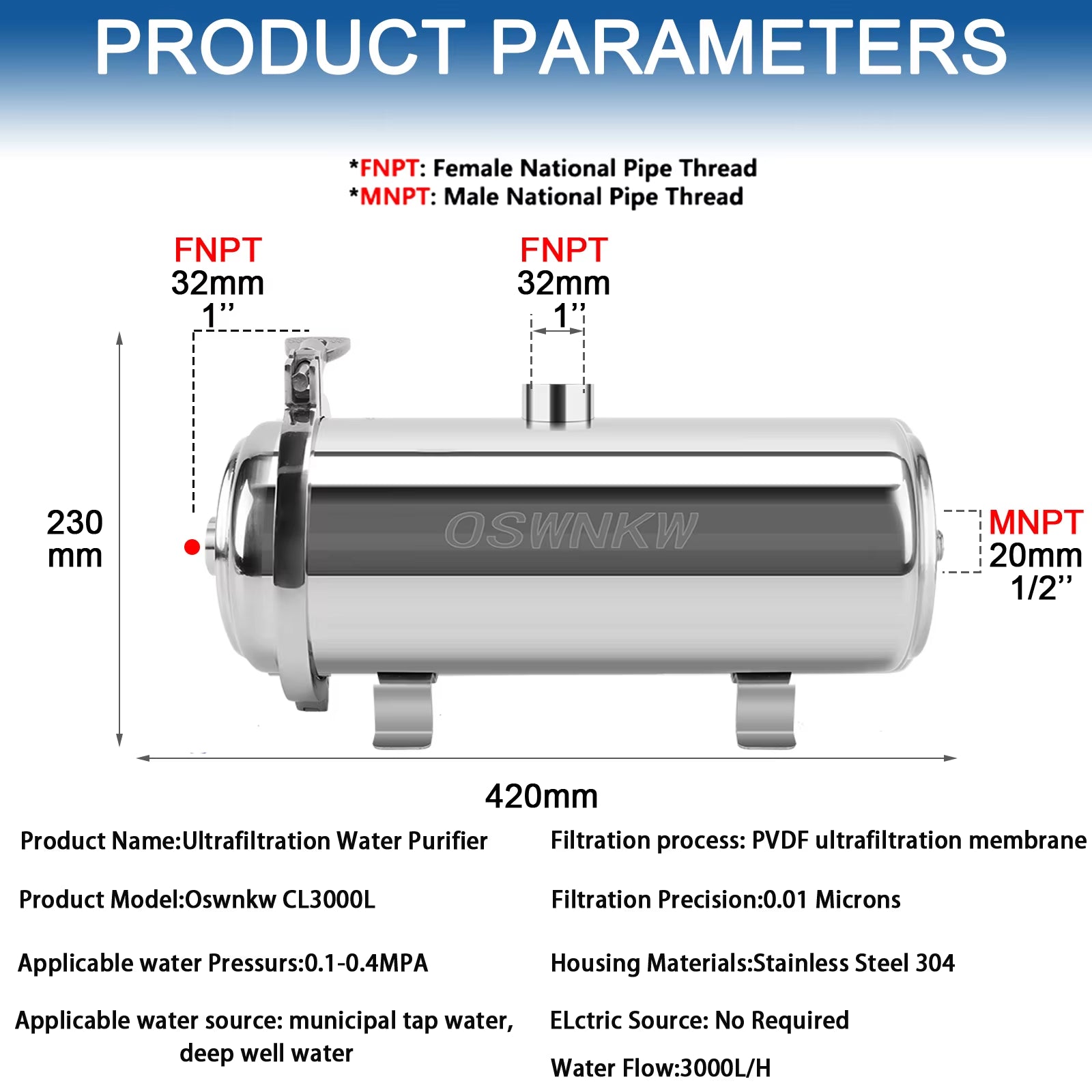 Large Capacity PVDF Whole House Ultrafiltration Water Purifier with 0.01µm Pre-Filter and 5-Year SUS304 Service Life