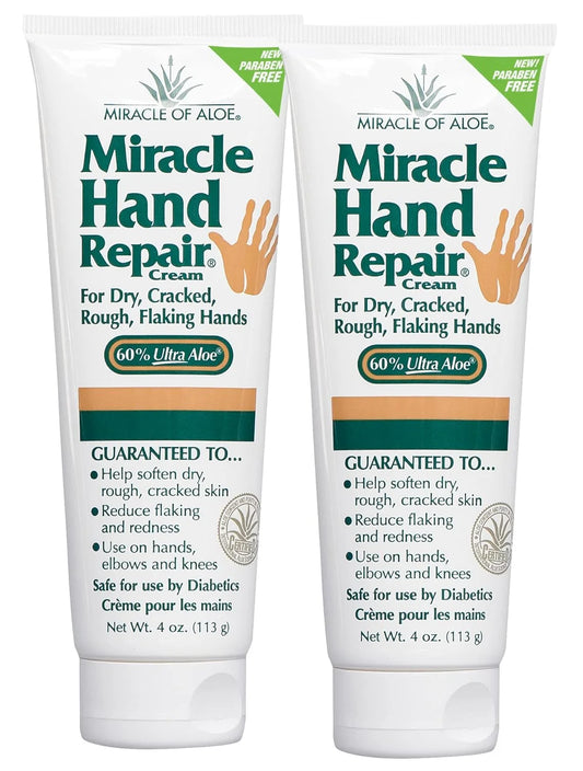 Miracle of Aloe’S Miracle Hand Repair Cream 4 Oz Healing Aloe Vera Lotion for Dry, Cracked Hands with 60% Ultra Aloe Gel - Moisturizes, Softens, and Repairs - Non-Greasy, Lightly Scented (2-Pack)