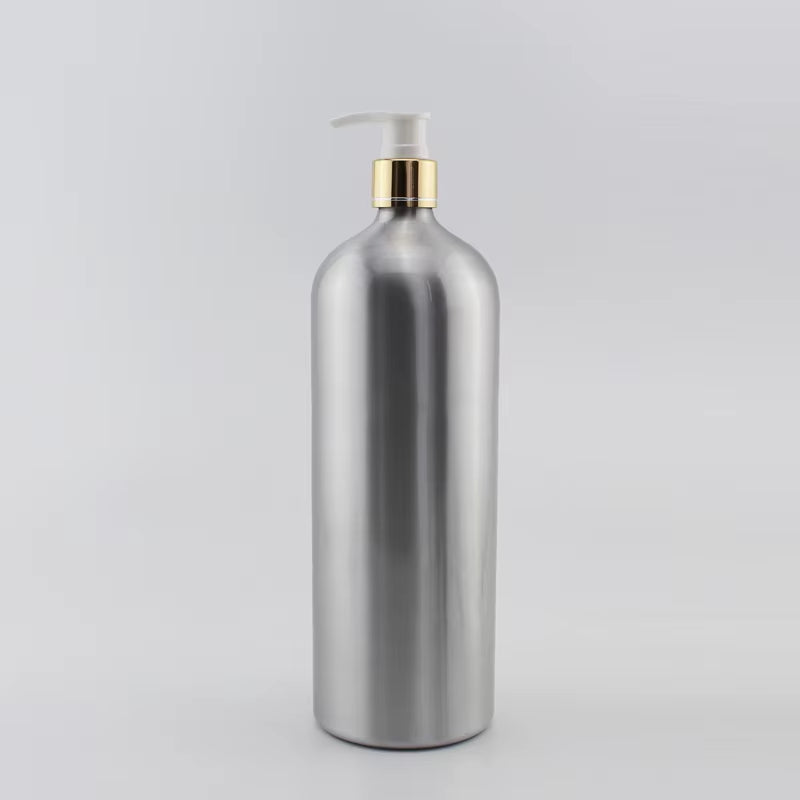 1Pc 1000ML Empty Aluminum Bottles with Gold Lotion Cream Pump 1L Metal Oil Cosmetics Container Silver Liquid Soap Dispenser