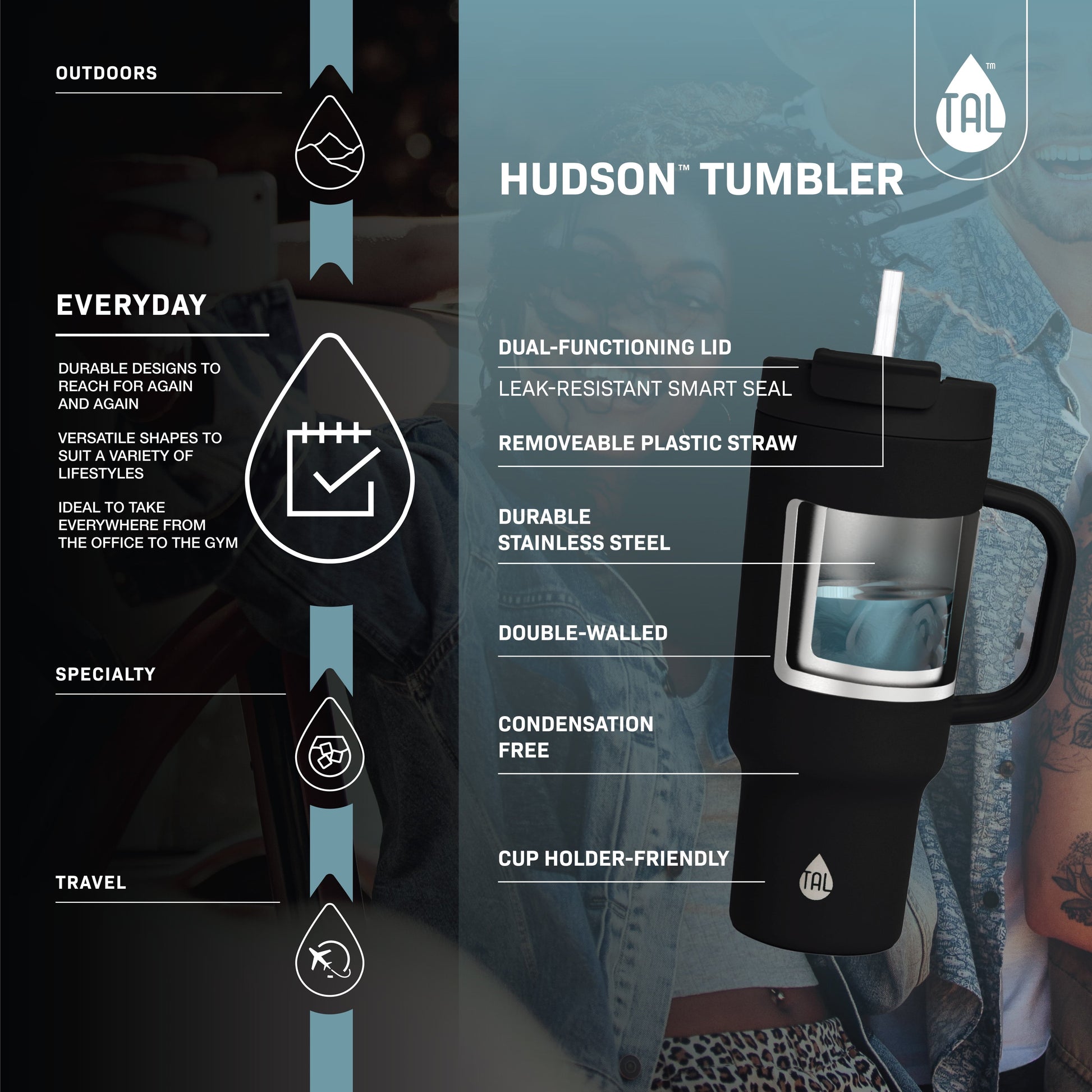 40 Fl Oz Electric Blue Stainless Steel Hudson Tumbler with Straw
