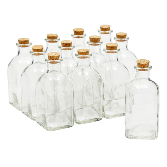 12 Pack Clear 4 Oz Glass Bottles with Cork Lids, Tiny Vintage Style Potion Vases for Party Favors, DIY Crafts (120 Ml)