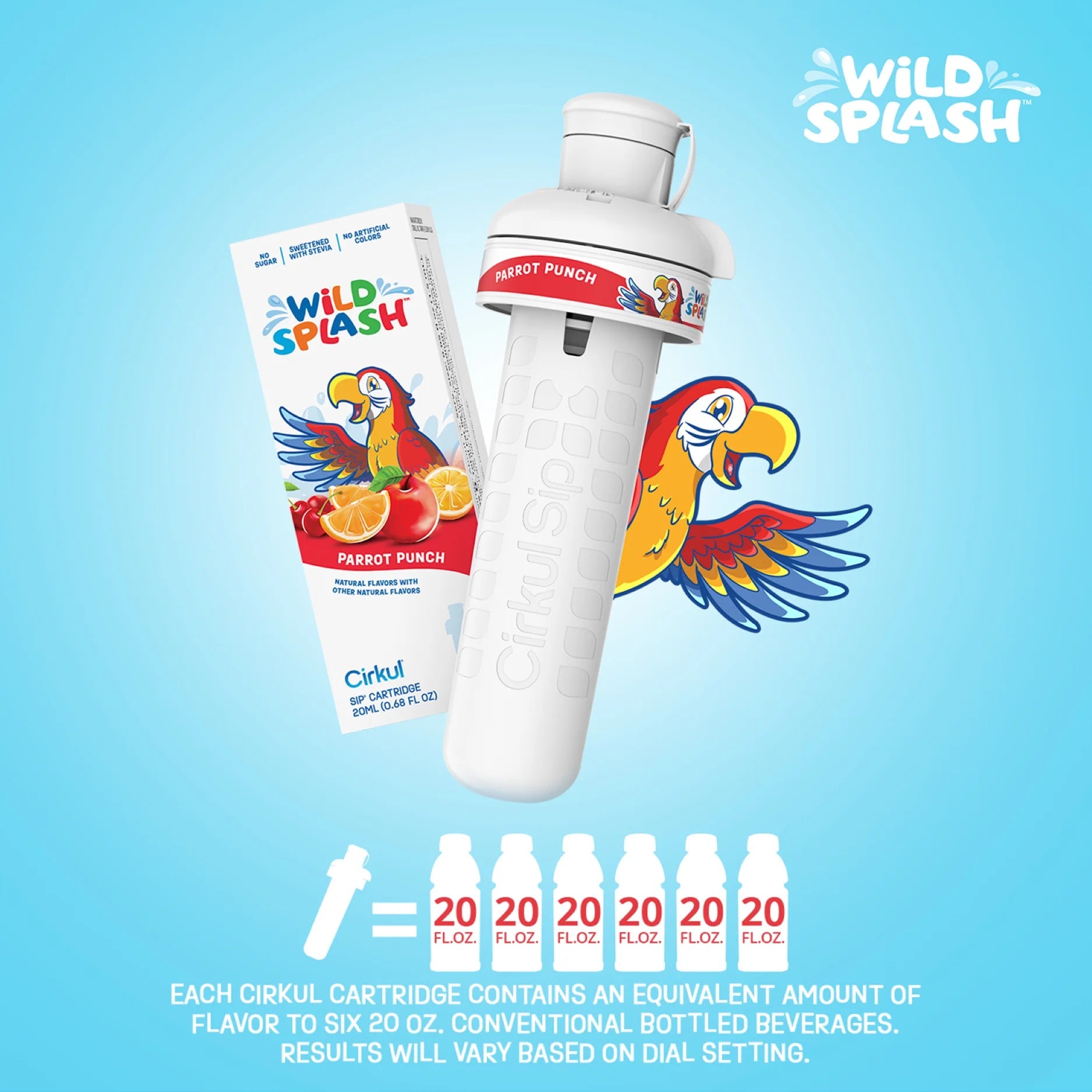 16 oz Plastic Water Bottle Starter Kit with Blue Lid and Wild Splash Parrot Punch Flavor Cartridge