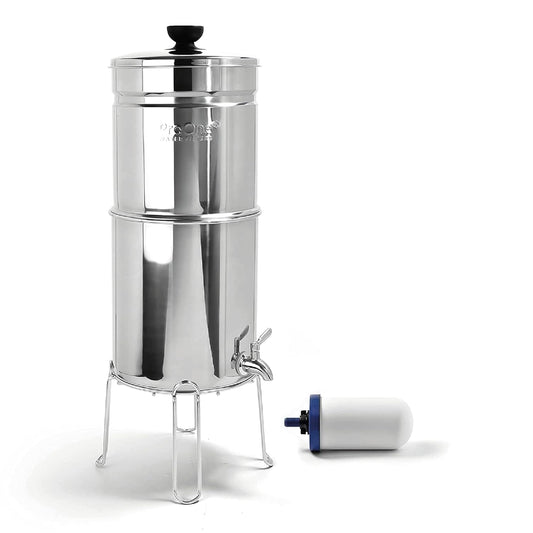 Proone Traveler+ Stainless-Steel Gravity Filter System, 2.25-Gallon Water Capacity, Countertop Water Dispenser for Home & Travel with One 5” Filter & Wire Stand, Independently Tested Proven to Reduce
