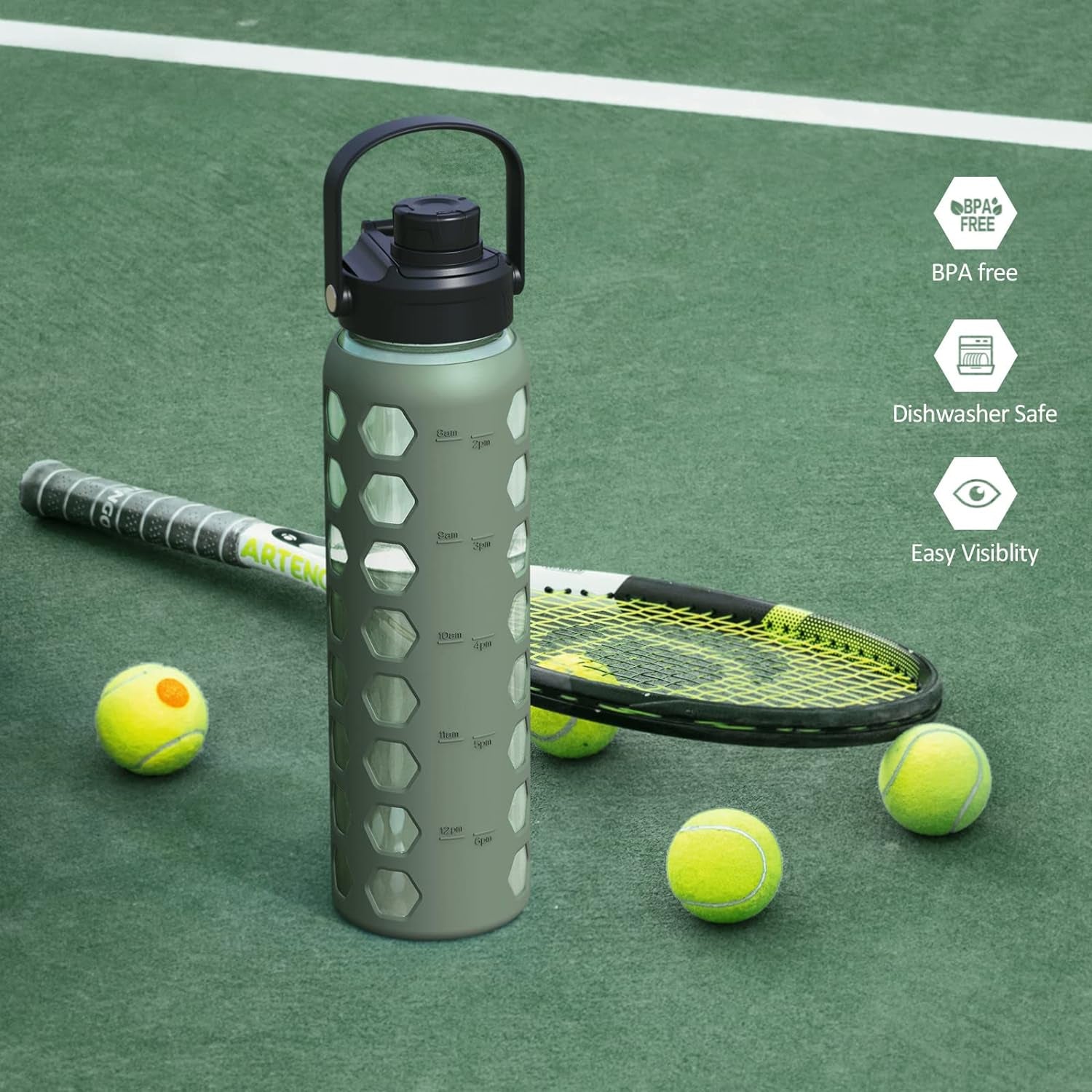 MUKOKO 24Oz Glass Water Bottle with 2 Lids-Handle Flip Lid&Bamboo Straw Lid,Motivational Water Tumbler with Time Marker Reminder and Silicone Sleeve, Leakproof-Olive