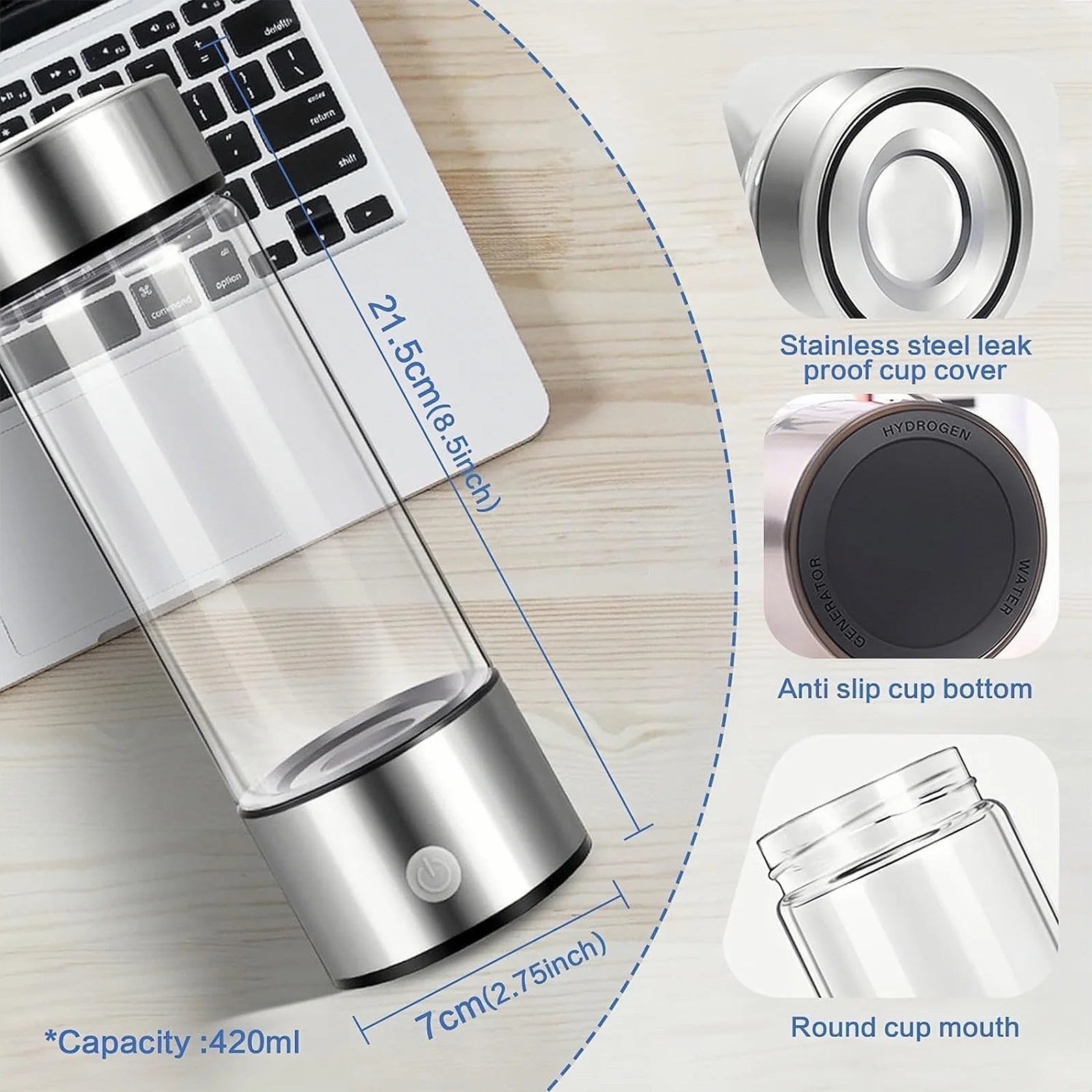 Portable Hydrogen Water Ionizer - Rechargeable Hydrogen Water Generator for Home and Travel - Silver