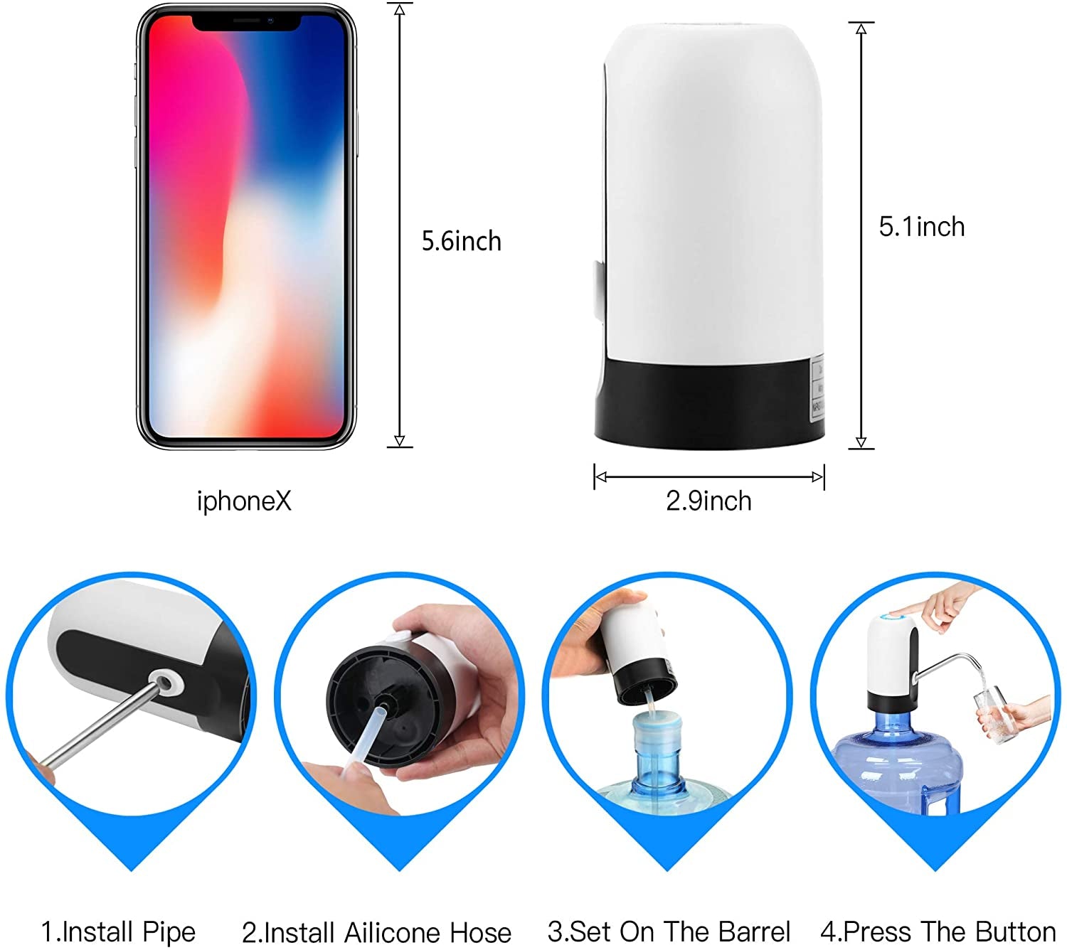 Myvision 3-5 Gallon Bottle Water Pump,Portable Electric Water Dispenser USB Charging,5 Gallon Water Jug Dispenser Pump Switch (White)