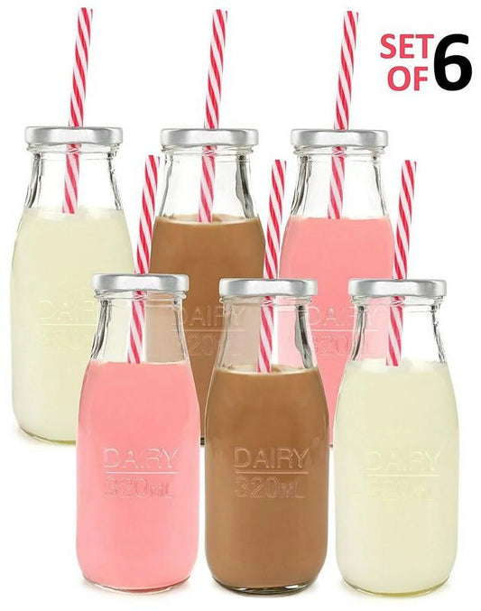 Estilo Dairy Reusable Glass Milk Clear Bottles with Straws and Metal Screw on Lids, 10.5 Oz, Set of 6,